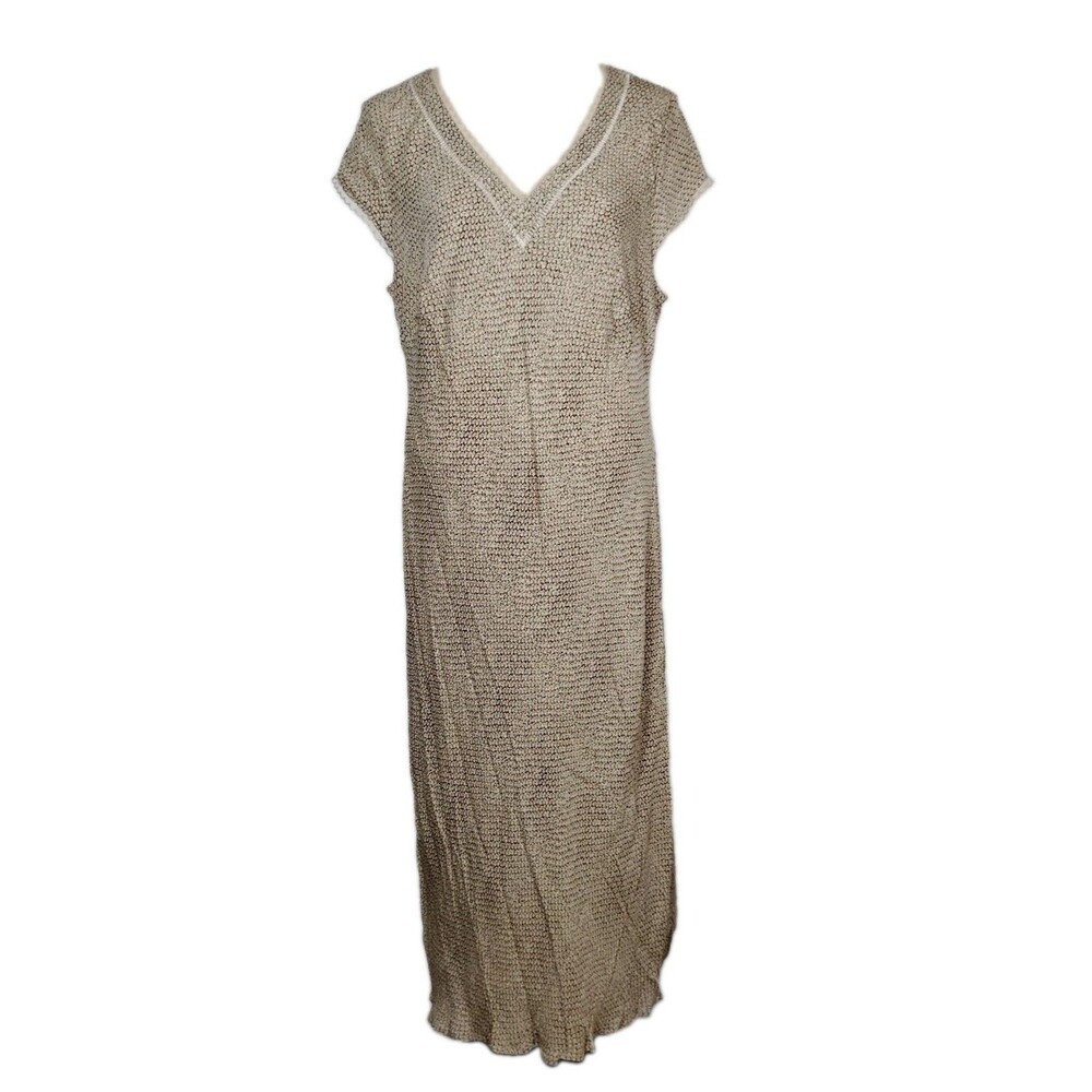 Studio M Y2K Silk Maxi Dress 14-16 Beige Brown Neutral 90s V Neck Cap Sleeve